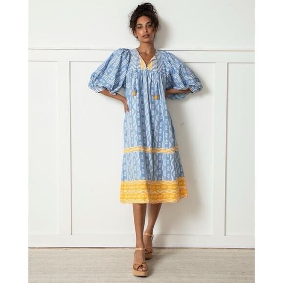 Printfresh Blue and Gold Patterned Midi Dress - Picture 1 of 14